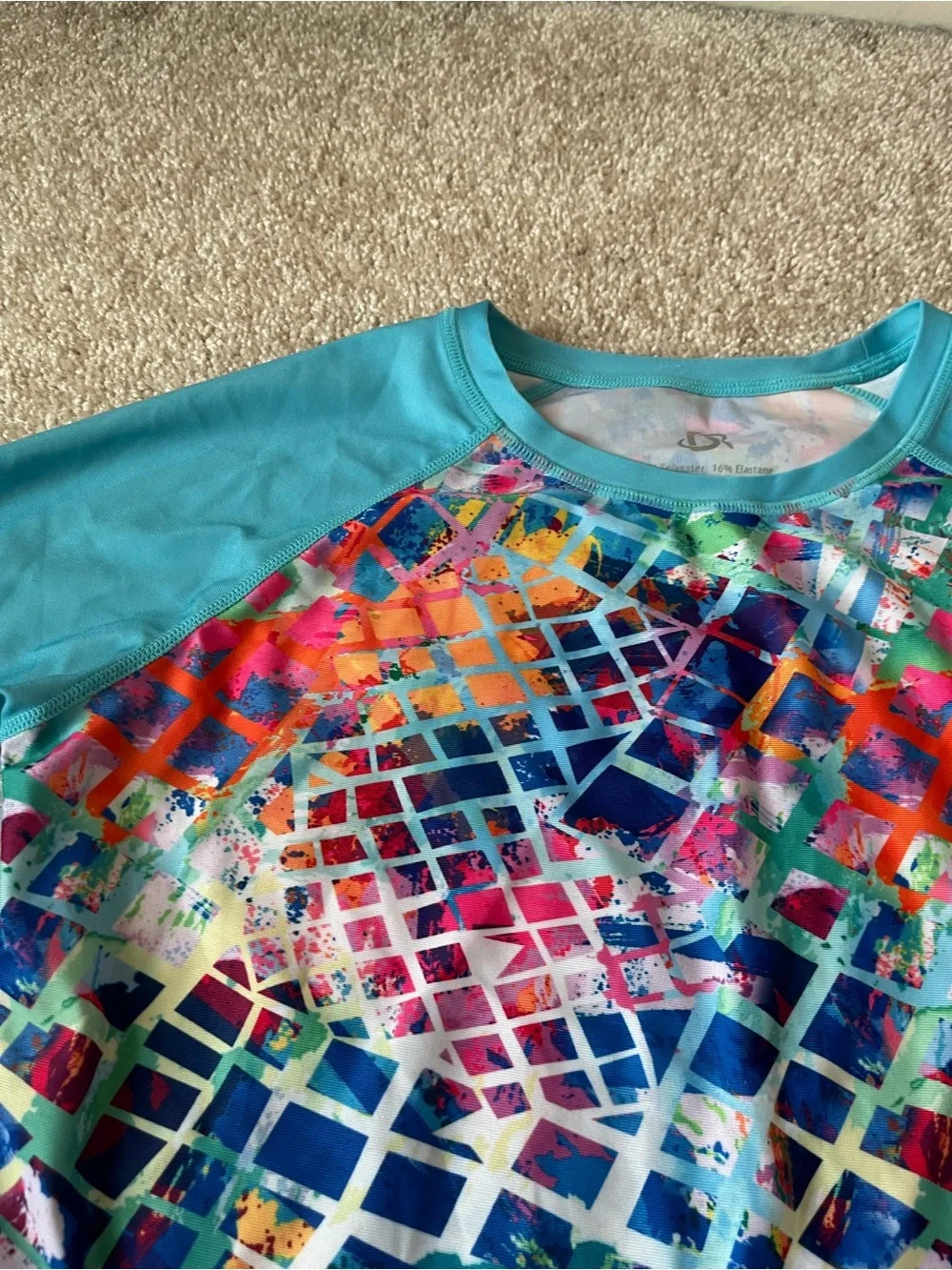 Women’s Long Sleeve Teal Swim Shirt with Multicolor Grid Print - Picture 2 of 3